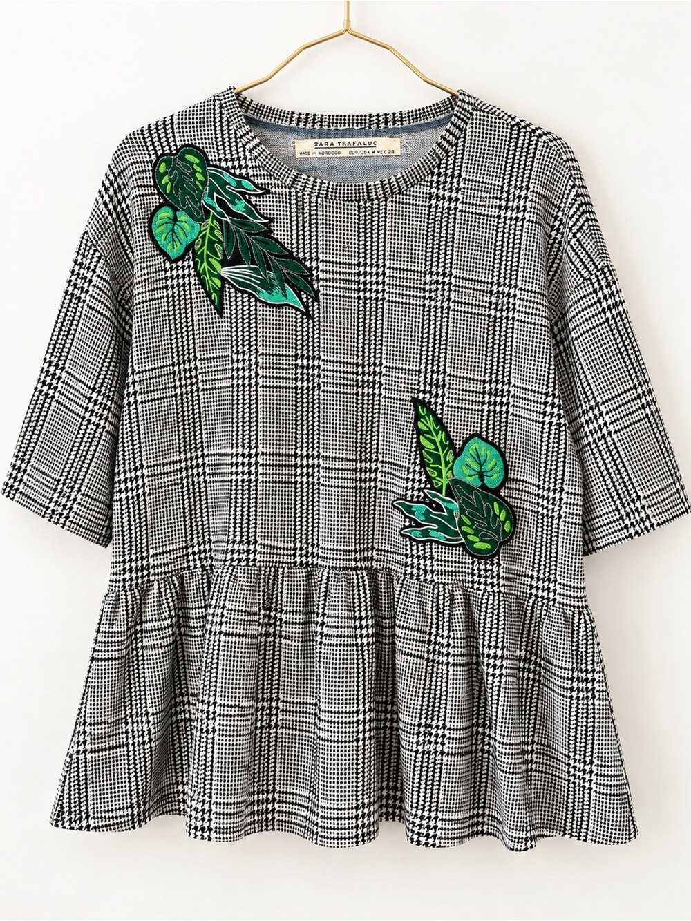 ZARA Trafaluc Plaid Peplum Top Green Tropical Leaf Appliqué Size M